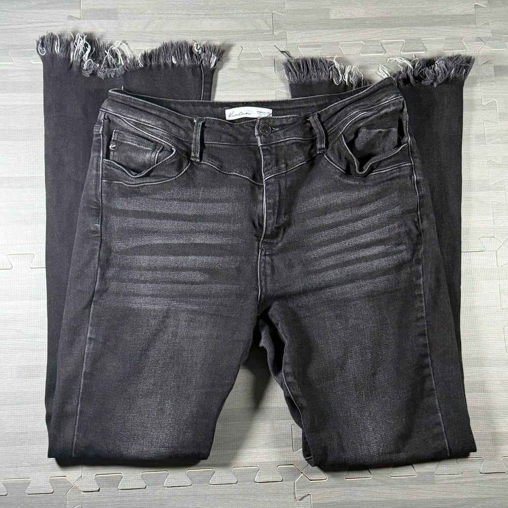 KanCan Womens Black Frayed Raw Hem Distressed Flare Jeans